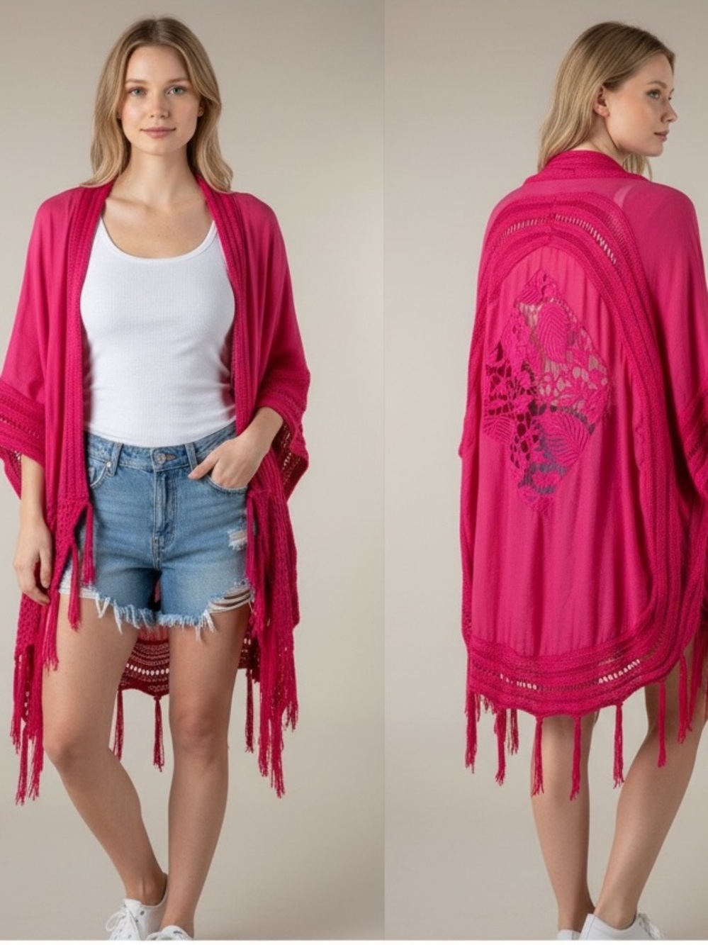 Fuchsia Open-Front Fringe Crochet-Back Kimono